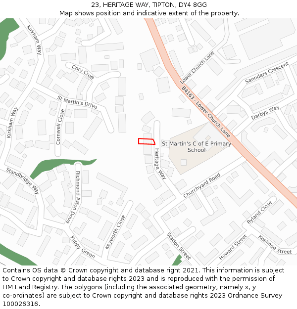 23, HERITAGE WAY, TIPTON, DY4 8GG: Location map and indicative extent of plot