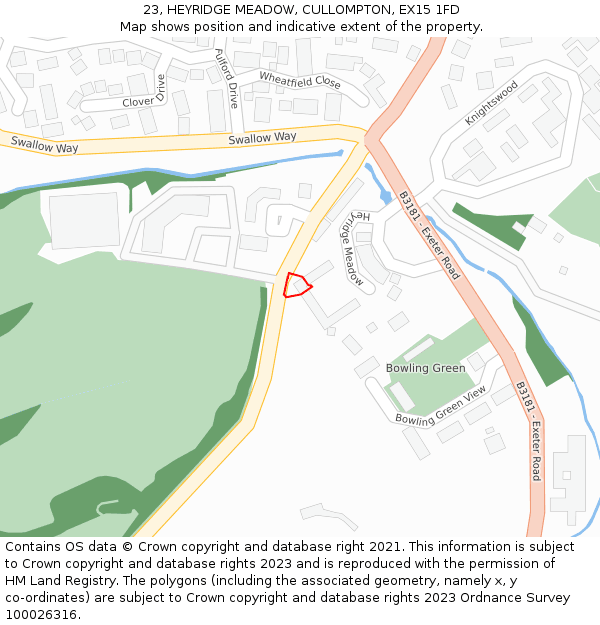 23, HEYRIDGE MEADOW, CULLOMPTON, EX15 1FD: Location map and indicative extent of plot