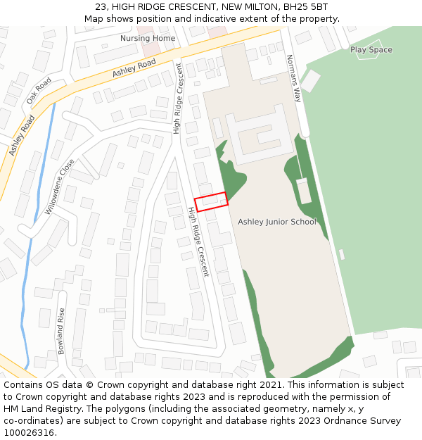 23, HIGH RIDGE CRESCENT, NEW MILTON, BH25 5BT: Location map and indicative extent of plot