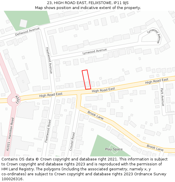 23, HIGH ROAD EAST, FELIXSTOWE, IP11 9JS: Location map and indicative extent of plot