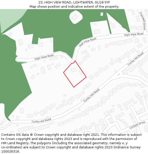 23, HIGH VIEW ROAD, LIGHTWATER, GU18 5YF: Location map and indicative extent of plot