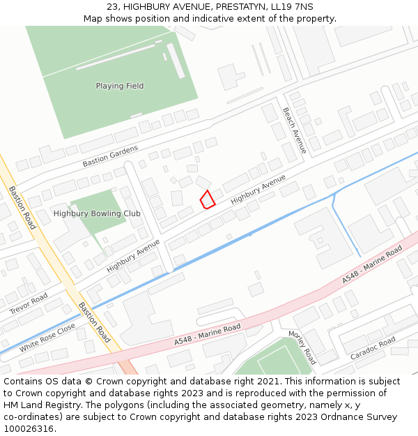 23, HIGHBURY AVENUE, PRESTATYN, LL19 7NS: Location map and indicative extent of plot