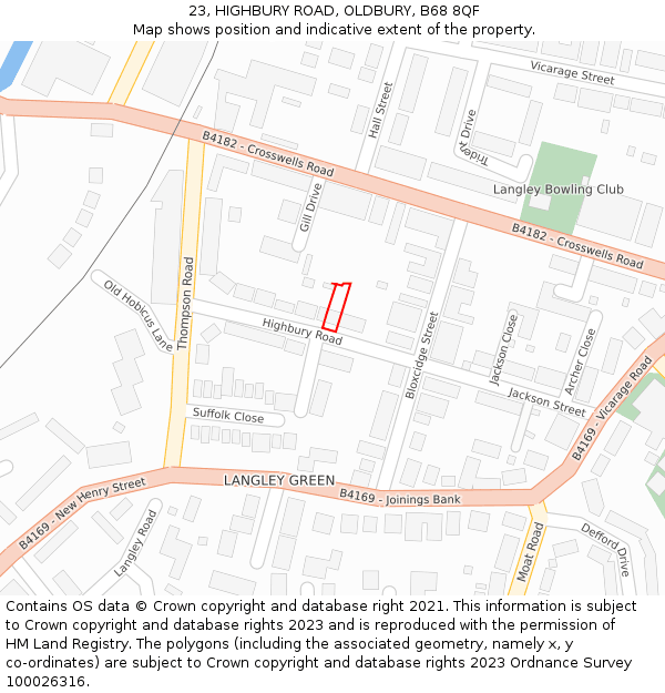 23, HIGHBURY ROAD, OLDBURY, B68 8QF: Location map and indicative extent of plot