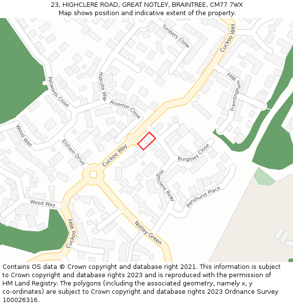 23, HIGHCLERE ROAD, GREAT NOTLEY, BRAINTREE, CM77 7WX: Location map and indicative extent of plot