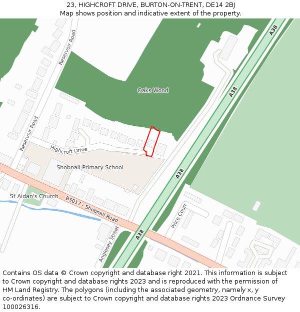 23, HIGHCROFT DRIVE, BURTON-ON-TRENT, DE14 2BJ: Location map and indicative extent of plot
