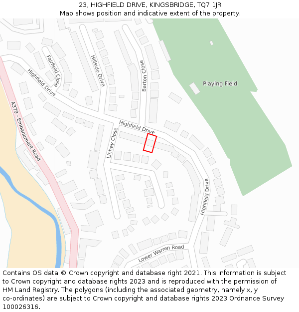 23, HIGHFIELD DRIVE, KINGSBRIDGE, TQ7 1JR: Location map and indicative extent of plot