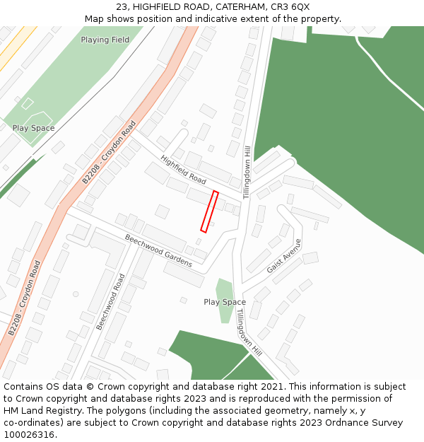 23, HIGHFIELD ROAD, CATERHAM, CR3 6QX: Location map and indicative extent of plot