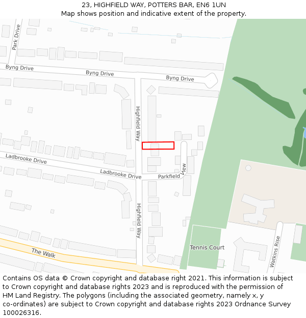 23, HIGHFIELD WAY, POTTERS BAR, EN6 1UN: Location map and indicative extent of plot