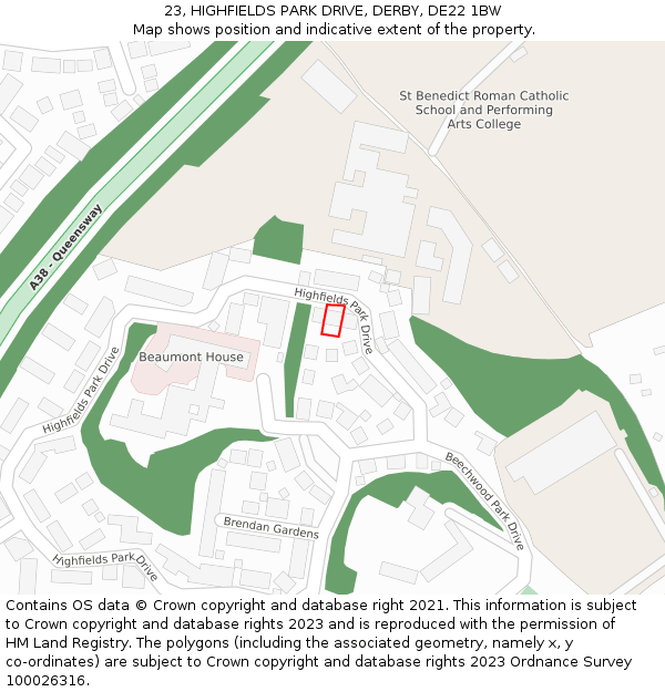 23, HIGHFIELDS PARK DRIVE, DERBY, DE22 1BW: Location map and indicative extent of plot