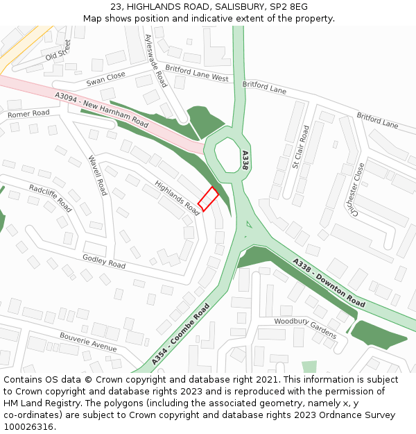 23, HIGHLANDS ROAD, SALISBURY, SP2 8EG: Location map and indicative extent of plot