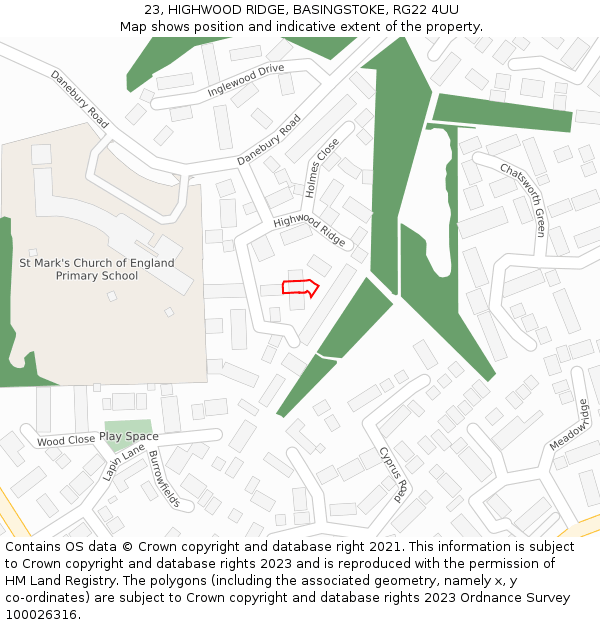 23, HIGHWOOD RIDGE, BASINGSTOKE, RG22 4UU: Location map and indicative extent of plot