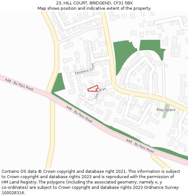 23, HILL COURT, BRIDGEND, CF31 5BX: Location map and indicative extent of plot