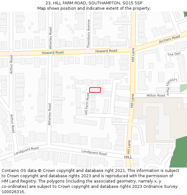 23, HILL FARM ROAD, SOUTHAMPTON, SO15 5SP: Location map and indicative extent of plot