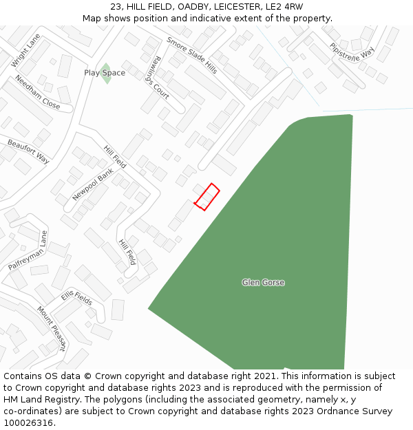 23, HILL FIELD, OADBY, LEICESTER, LE2 4RW: Location map and indicative extent of plot