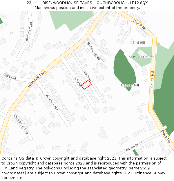 23, HILL RISE, WOODHOUSE EAVES, LOUGHBOROUGH, LE12 8QX: Location map and indicative extent of plot