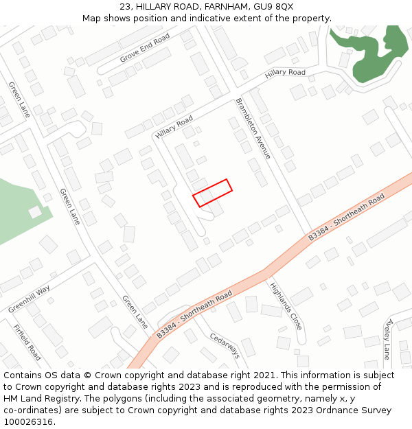 23, HILLARY ROAD, FARNHAM, GU9 8QX: Location map and indicative extent of plot