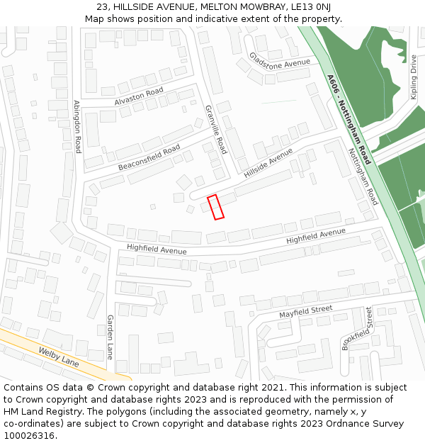 23, HILLSIDE AVENUE, MELTON MOWBRAY, LE13 0NJ: Location map and indicative extent of plot