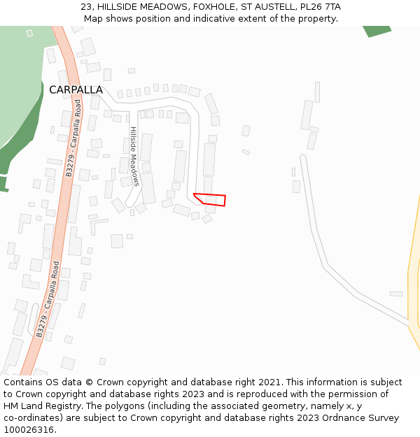 23, HILLSIDE MEADOWS, FOXHOLE, ST AUSTELL, PL26 7TA: Location map and indicative extent of plot