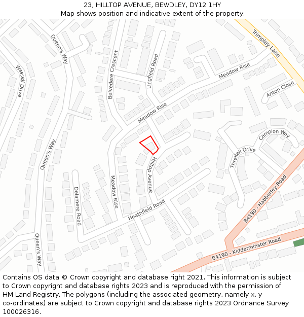 23, HILLTOP AVENUE, BEWDLEY, DY12 1HY: Location map and indicative extent of plot