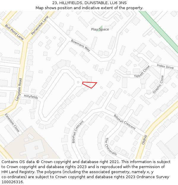 23, HILLYFIELDS, DUNSTABLE, LU6 3NS: Location map and indicative extent of plot