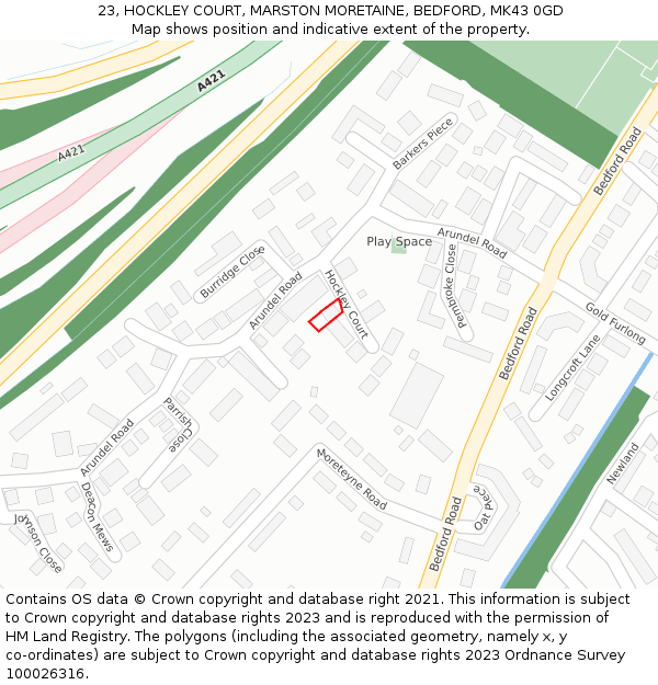 23, HOCKLEY COURT, MARSTON MORETAINE, BEDFORD, MK43 0GD: Location map and indicative extent of plot