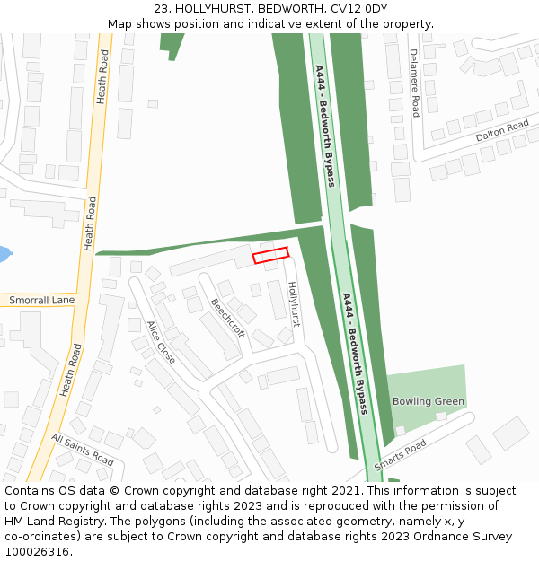 23, HOLLYHURST, BEDWORTH, CV12 0DY: Location map and indicative extent of plot