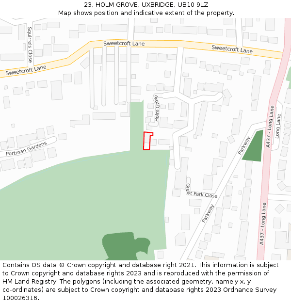 23, HOLM GROVE, UXBRIDGE, UB10 9LZ: Location map and indicative extent of plot