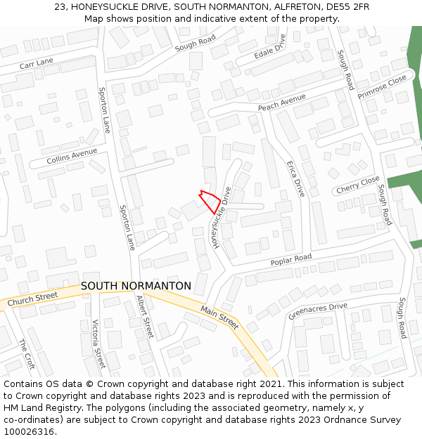 23, HONEYSUCKLE DRIVE, SOUTH NORMANTON, ALFRETON, DE55 2FR: Location map and indicative extent of plot