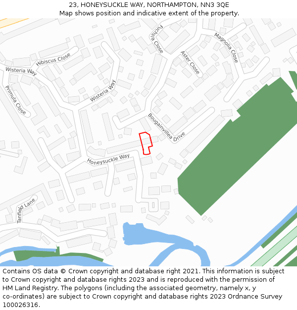 23, HONEYSUCKLE WAY, NORTHAMPTON, NN3 3QE: Location map and indicative extent of plot