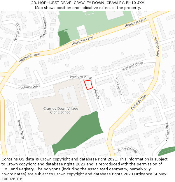 23, HOPHURST DRIVE, CRAWLEY DOWN, CRAWLEY, RH10 4XA: Location map and indicative extent of plot