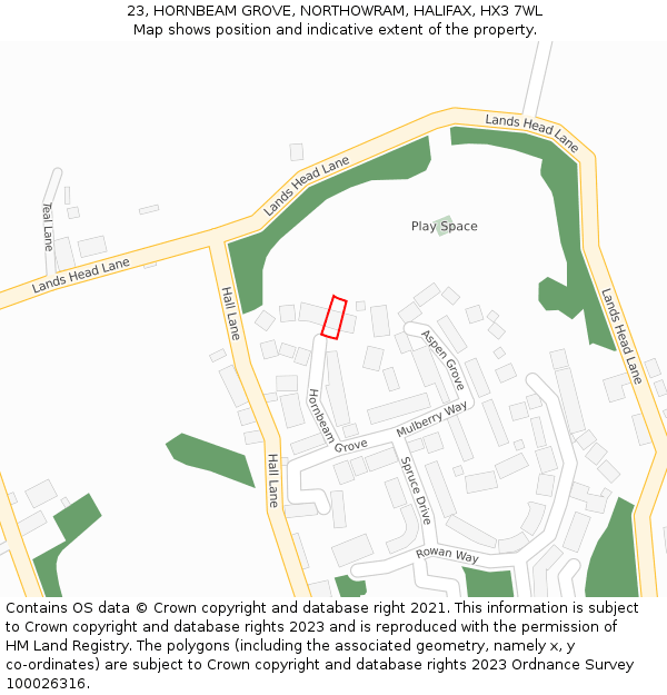 23, HORNBEAM GROVE, NORTHOWRAM, HALIFAX, HX3 7WL: Location map and indicative extent of plot