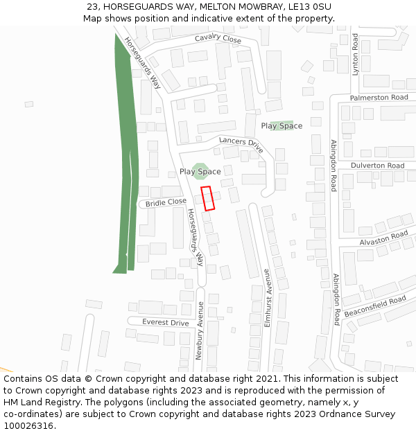 23, HORSEGUARDS WAY, MELTON MOWBRAY, LE13 0SU: Location map and indicative extent of plot