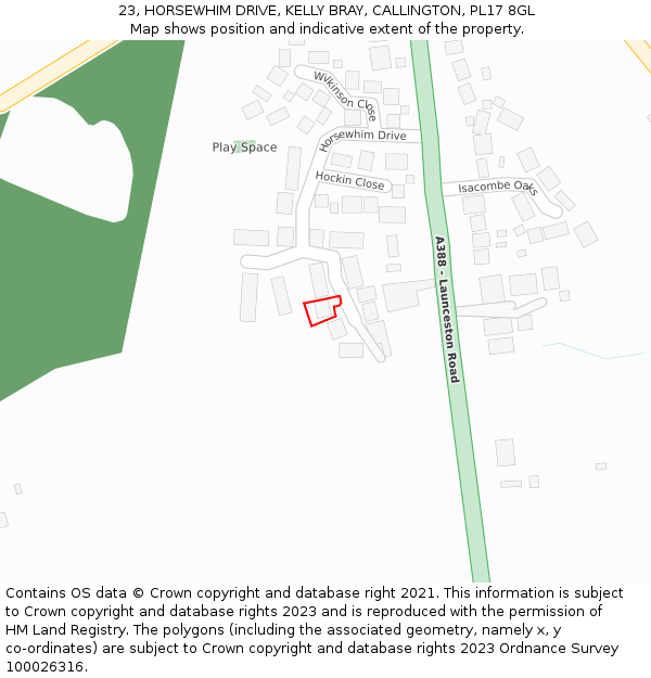 23, HORSEWHIM DRIVE, KELLY BRAY, CALLINGTON, PL17 8GL: Location map and indicative extent of plot