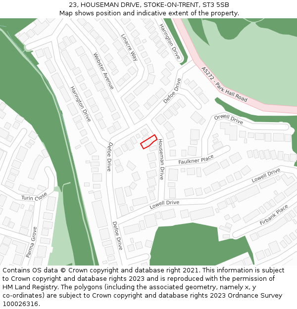 23, HOUSEMAN DRIVE, STOKE-ON-TRENT, ST3 5SB: Location map and indicative extent of plot