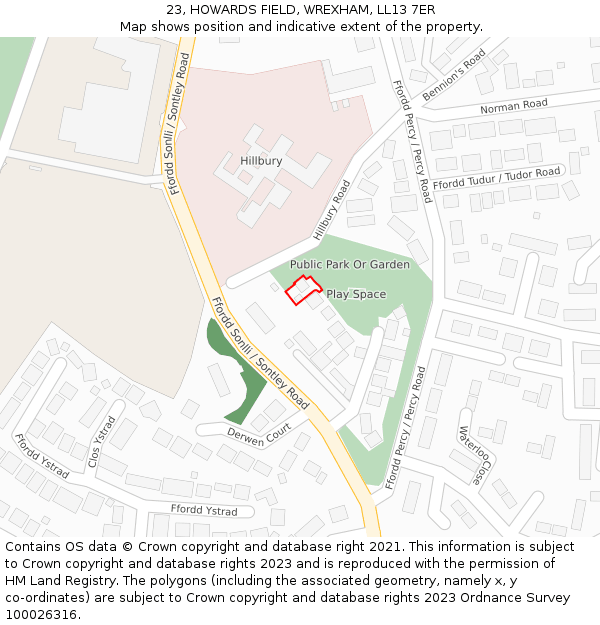 23, HOWARDS FIELD, WREXHAM, LL13 7ER: Location map and indicative extent of plot