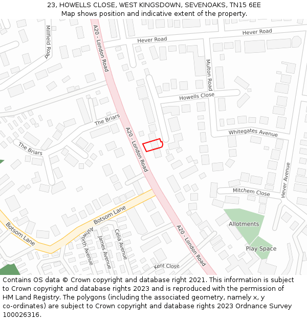 23, HOWELLS CLOSE, WEST KINGSDOWN, SEVENOAKS, TN15 6EE: Location map and indicative extent of plot