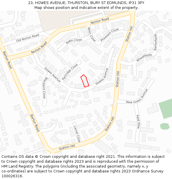 23, HOWES AVENUE, THURSTON, BURY ST EDMUNDS, IP31 3PY: Location map and indicative extent of plot