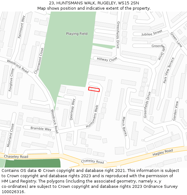 23, HUNTSMANS WALK, RUGELEY, WS15 2SN: Location map and indicative extent of plot