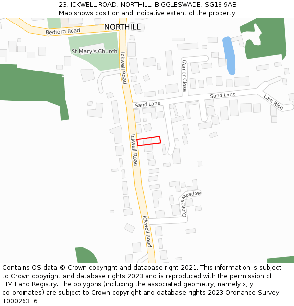 23, ICKWELL ROAD, NORTHILL, BIGGLESWADE, SG18 9AB: Location map and indicative extent of plot