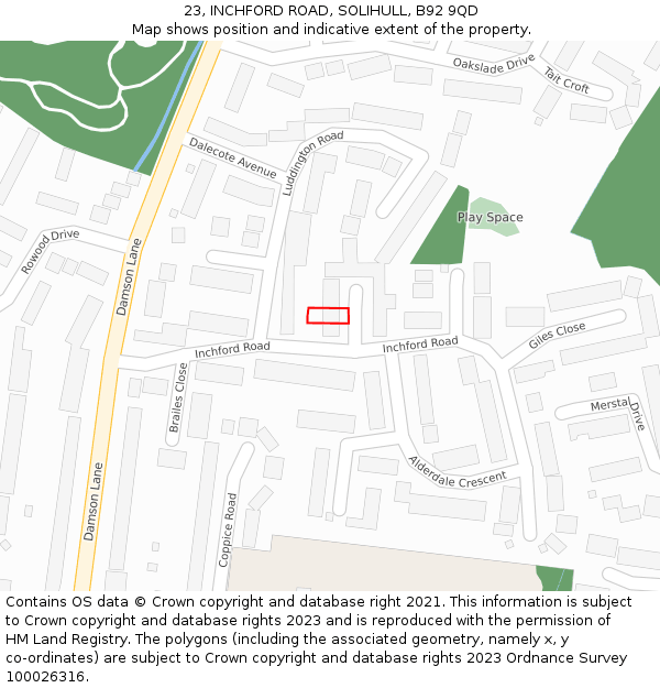 23, INCHFORD ROAD, SOLIHULL, B92 9QD: Location map and indicative extent of plot