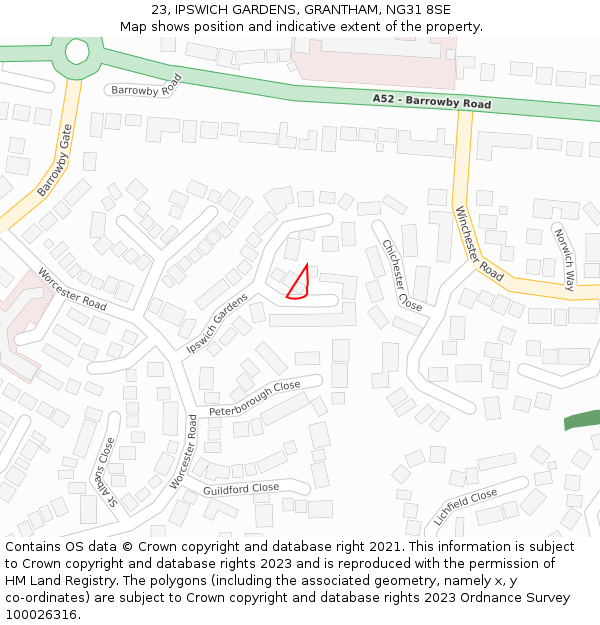 23, IPSWICH GARDENS, GRANTHAM, NG31 8SE: Location map and indicative extent of plot