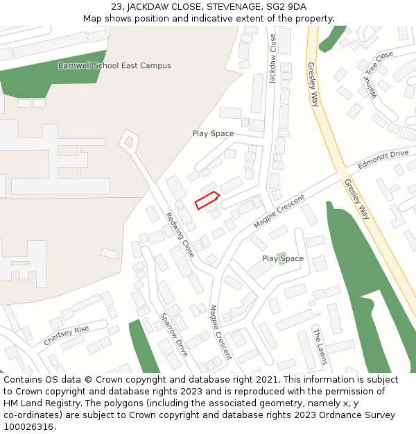 23, JACKDAW CLOSE, STEVENAGE, SG2 9DA: Location map and indicative extent of plot