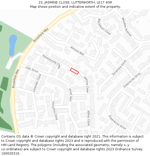 23, JASMINE CLOSE, LUTTERWORTH, LE17 4GR: Location map and indicative extent of plot