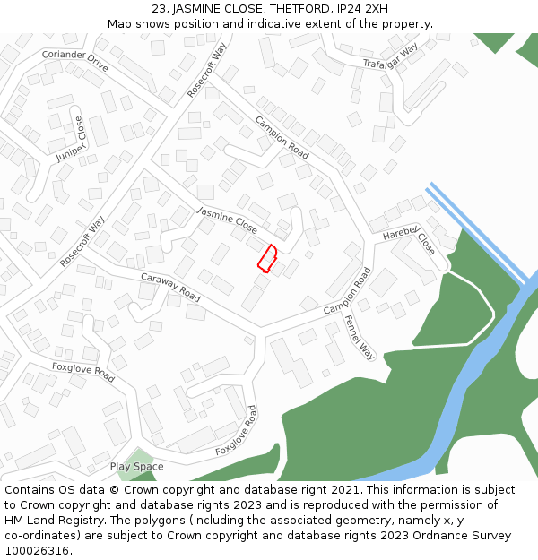 23, JASMINE CLOSE, THETFORD, IP24 2XH: Location map and indicative extent of plot