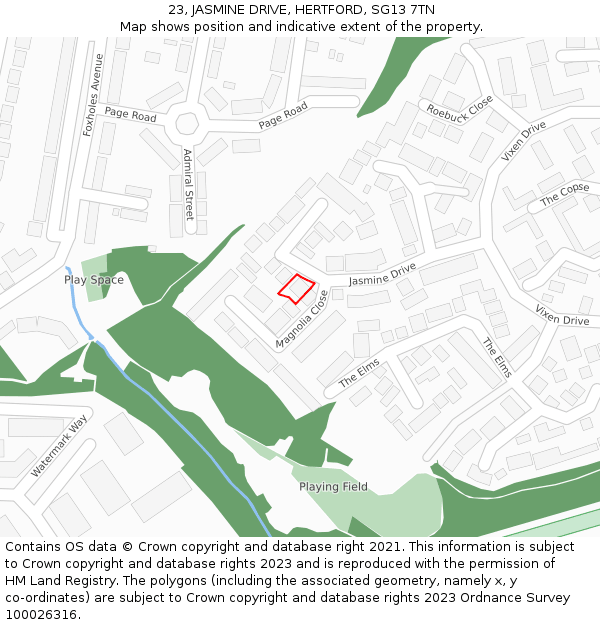 23, JASMINE DRIVE, HERTFORD, SG13 7TN: Location map and indicative extent of plot