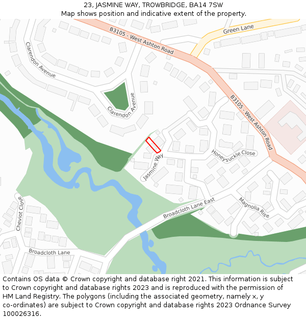 23, JASMINE WAY, TROWBRIDGE, BA14 7SW: Location map and indicative extent of plot