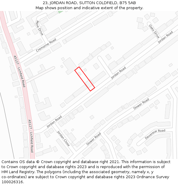 23, JORDAN ROAD, SUTTON COLDFIELD, B75 5AB: Location map and indicative extent of plot