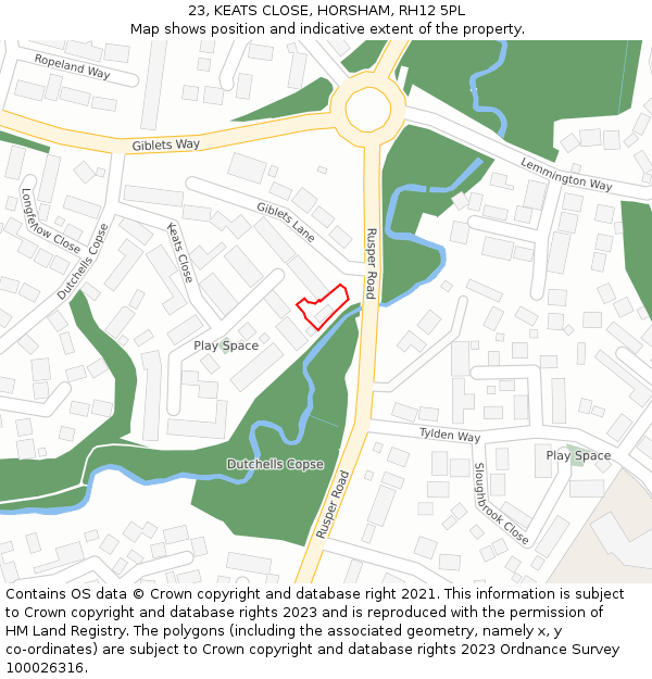 23, KEATS CLOSE, HORSHAM, RH12 5PL: Location map and indicative extent of plot