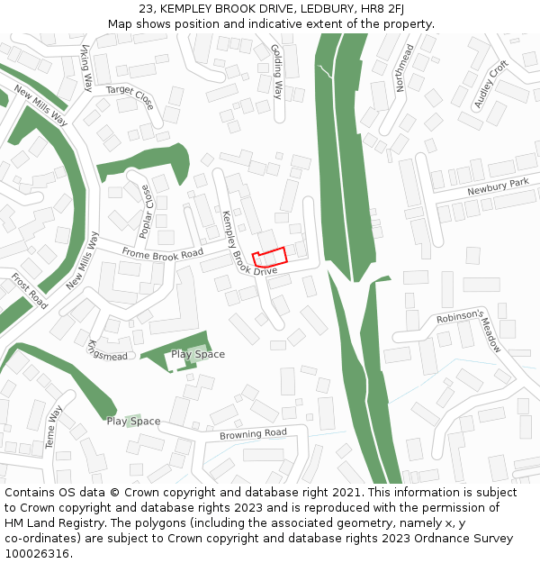 23, KEMPLEY BROOK DRIVE, LEDBURY, HR8 2FJ: Location map and indicative extent of plot