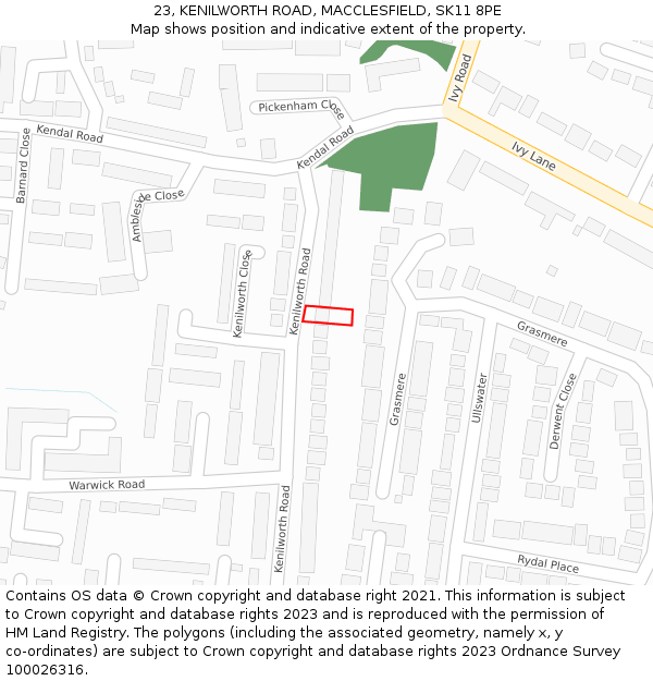 23, KENILWORTH ROAD, MACCLESFIELD, SK11 8PE: Location map and indicative extent of plot